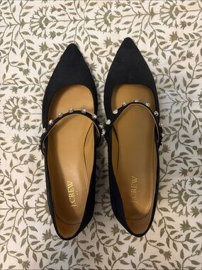J. Crew Black Pointed Toe Jeweled Strap Flats